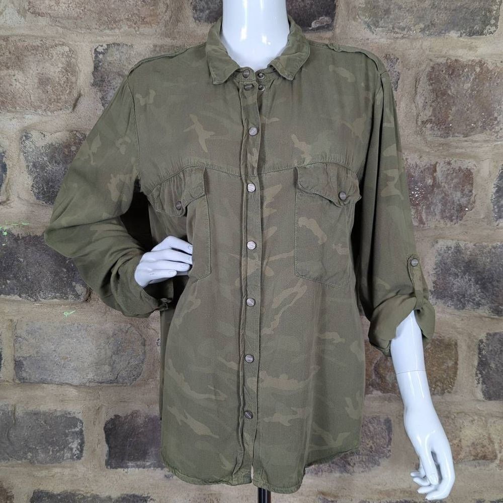 SANCTUARY Blouse Woman's Large Long Sleeve Camo Minimalist Neutral‎ Earthy